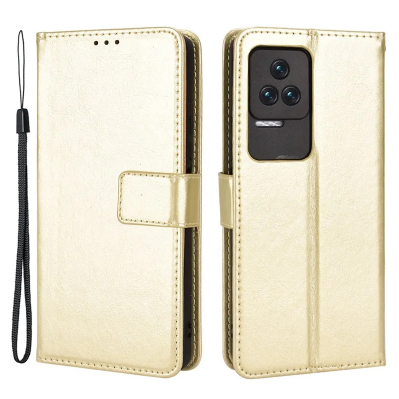 For Xiaomi Redmi K50/K50 Pro Wrist Strap Magnetic Split Leather Wallet Phone Case Crazy Horse Texture Stand Protective Phone Shell - Gold