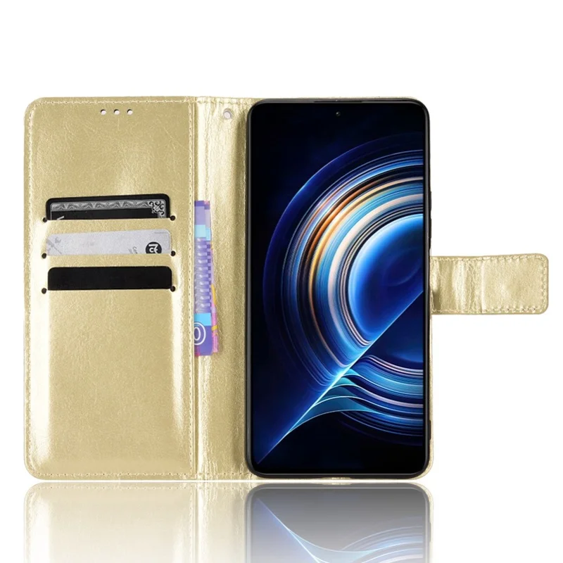For Xiaomi Redmi K50/K50 Pro Wrist Strap Magnetic Split Leather Wallet Phone Case Crazy Horse Texture Stand Protective Phone Shell - Gold