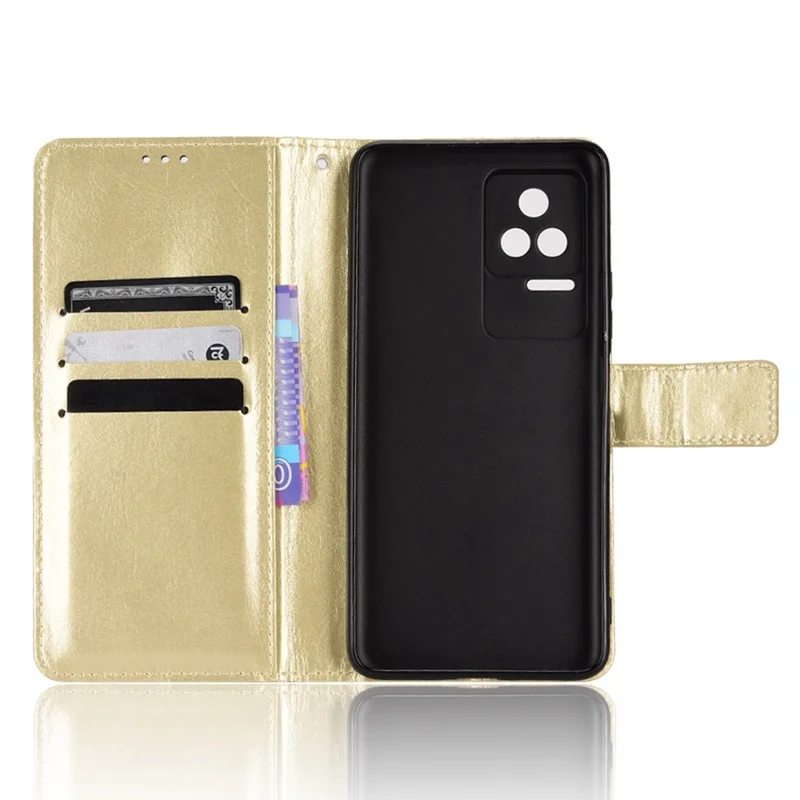 For Xiaomi Redmi K50/K50 Pro Wrist Strap Magnetic Split Leather Wallet Phone Case Crazy Horse Texture Stand Protective Phone Shell - Gold