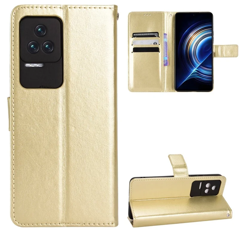 For Xiaomi Redmi K50/K50 Pro Wrist Strap Magnetic Split Leather Wallet Phone Case Crazy Horse Texture Stand Protective Phone Shell - Gold