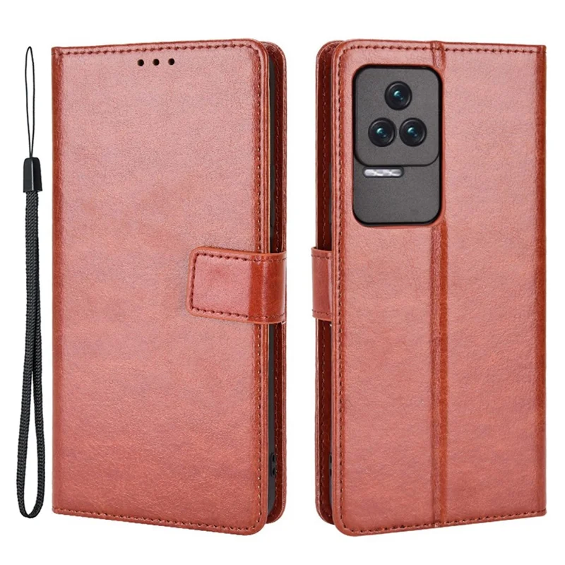 For Xiaomi Redmi K50/K50 Pro Wrist Strap Magnetic Split Leather Wallet Phone Case Crazy Horse Texture Stand Protective Phone Shell - Brown