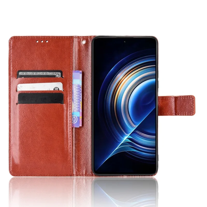 For Xiaomi Redmi K50/K50 Pro Wrist Strap Magnetic Split Leather Wallet Phone Case Crazy Horse Texture Stand Protective Phone Shell - Brown