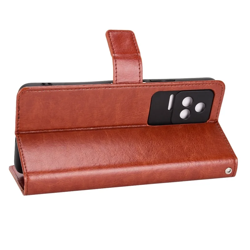For Xiaomi Redmi K50/K50 Pro Wrist Strap Magnetic Split Leather Wallet Phone Case Crazy Horse Texture Stand Protective Phone Shell - Brown