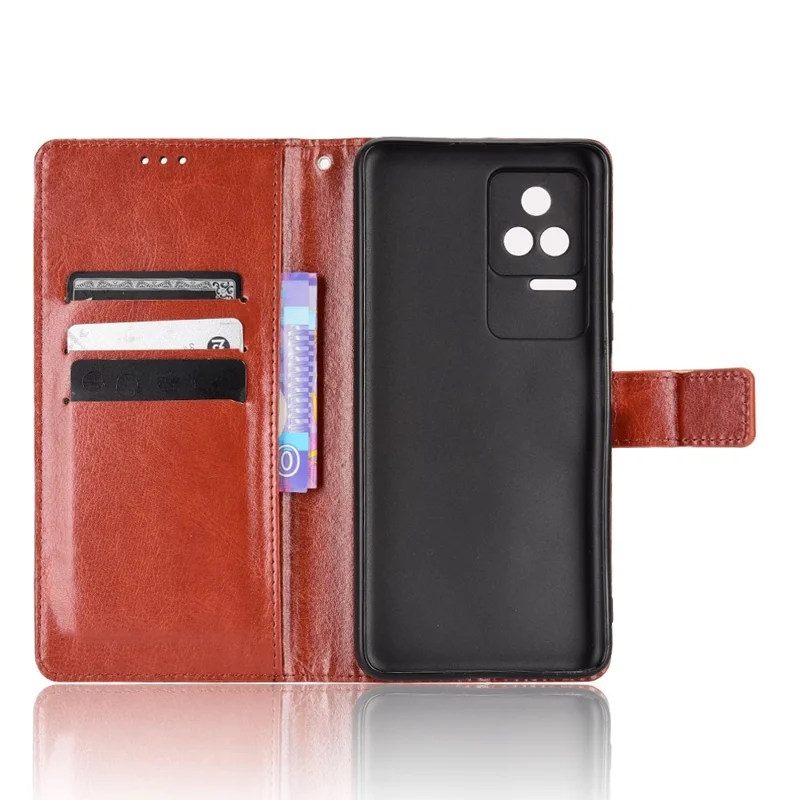 For Xiaomi Redmi K50/K50 Pro Wrist Strap Magnetic Split Leather Wallet Phone Case Crazy Horse Texture Stand Protective Phone Shell - Brown