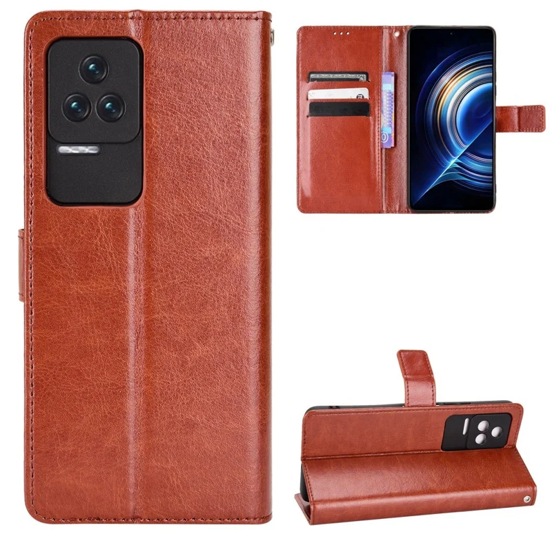 For Xiaomi Redmi K50/K50 Pro Wrist Strap Magnetic Split Leather Wallet Phone Case Crazy Horse Texture Stand Protective Phone Shell - Brown