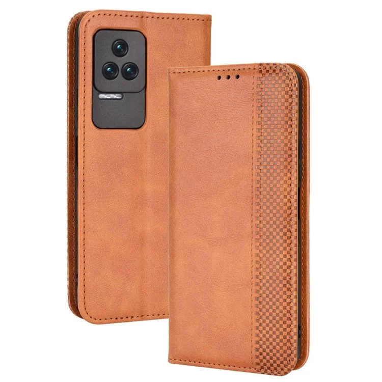 For Xiaomi Redmi K50/K50 Pro Mosaic Imprinted Retro Phone Case PU Leather Stand Wallet Magnetic Auto-absorbed Cover - Brown