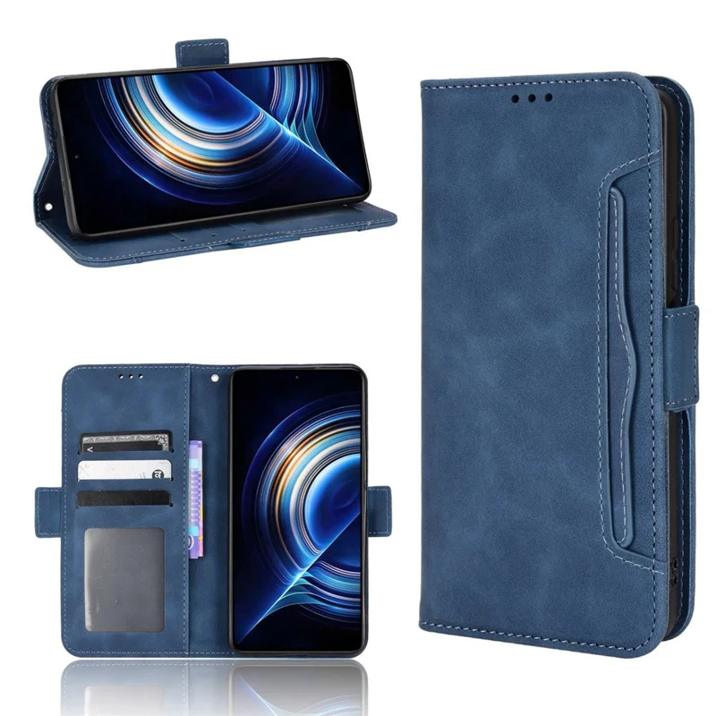 For Xiaomi Redmi K50/K50 Pro Multiple Card Slots Phone Case Wallet PU Leather Foldable Stand Protective Cover - Blue