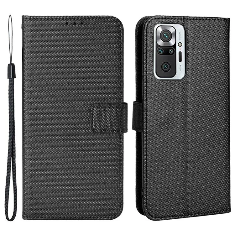 For Xiaomi Redmi Note 10 Pro 4G (India)/(Global) Full Protection PU Leather Diamond Texture Wallet Stand Phone Case - Black