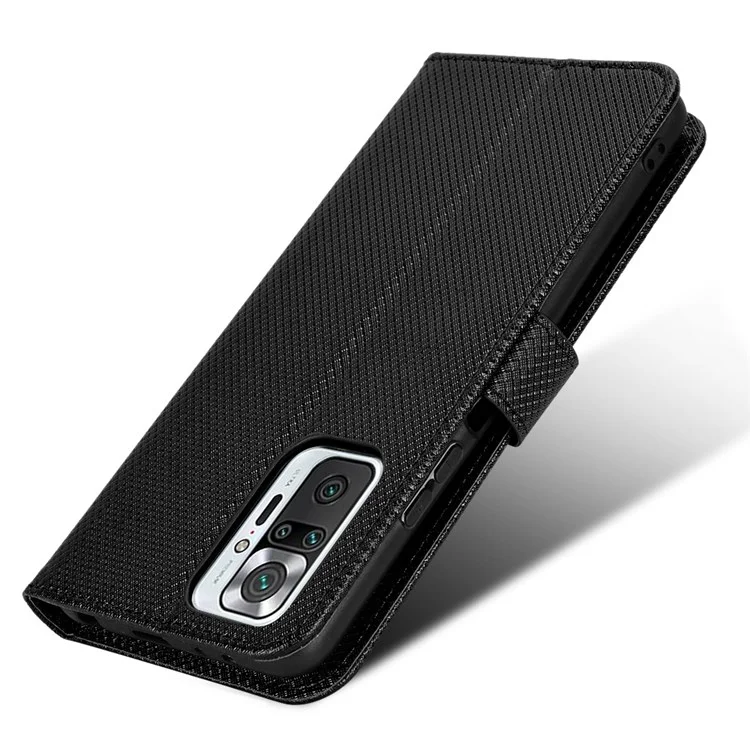 For Xiaomi Redmi Note 10 Pro 4G (India)/(Global) Full Protection PU Leather Diamond Texture Wallet Stand Phone Case - Black