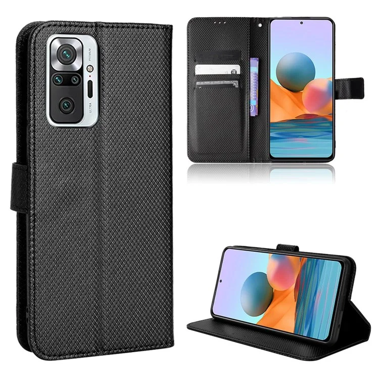 For Xiaomi Redmi Note 10 Pro 4G (India)/(Global) Full Protection PU Leather Diamond Texture Wallet Stand Phone Case - Black
