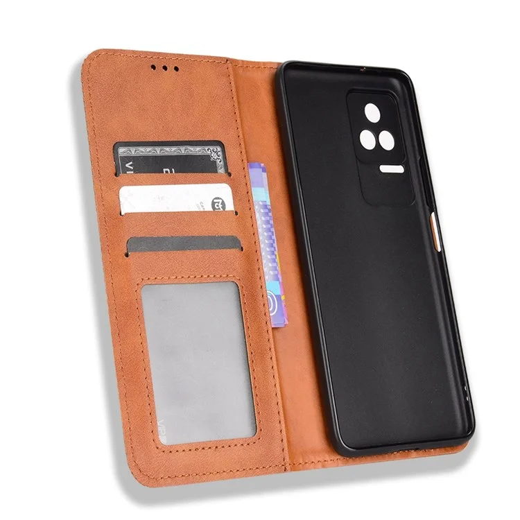 Per Xiaomi Poco F4 5G / Redmi K40S 5G Magnetico Auto-assorbito Portafoglio Custodia in Pelle Copertina di Protezione Retrò Impressa Impressa - Marrone