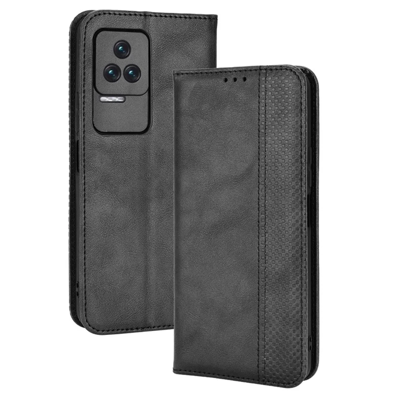 Per Xiaomi Poco F4 5G / Redmi K40S 5G Custodia in pelle magnetica con supporto per auto assorbita Custodia protettiva retrò con stampa a mosaico - Nero