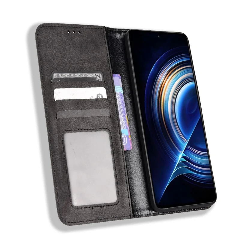 Per Xiaomi Poco F4 5G / Redmi K40S 5G Custodia in pelle magnetica con supporto per auto assorbita Custodia protettiva retrò con stampa a mosaico - Nero