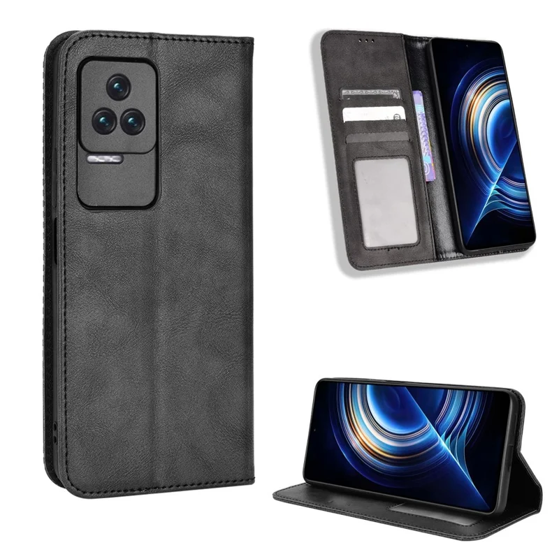 Per Xiaomi Poco F4 5G / Redmi K40S 5G Custodia in pelle magnetica con supporto per auto assorbita Custodia protettiva retrò con stampa a mosaico - Nero