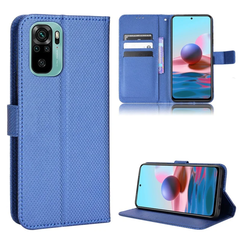 For Xiaomi Poco M5s 4G / Redmi Note 10 4G / Redmi Note 10S 4G Diamond Texture Phone Case PU Leather Cover with Wallet Stand - Blue