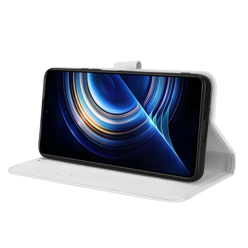 For Xiaomi Poco F4 5G / Redmi K40S 5G PU Leather Magnetic Clasp Wallet Case Diamond Texture Stand Protective Cover with Strap - White