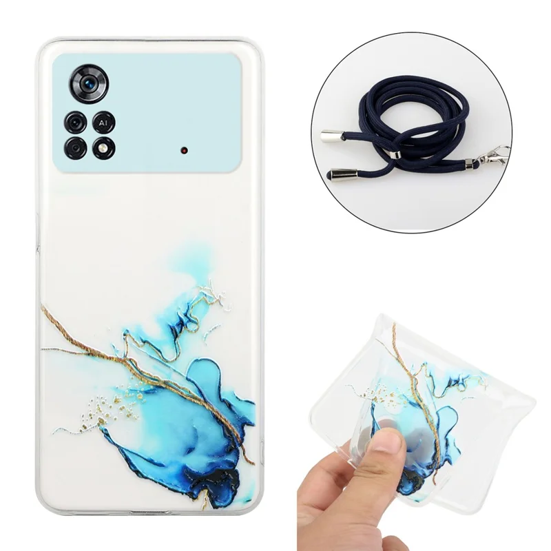Para Xiaomi Poco M4 Pro 4G Patrón de Mármol TPU Case de Teléfono Protector Anti-drop Con Cordón - Azul