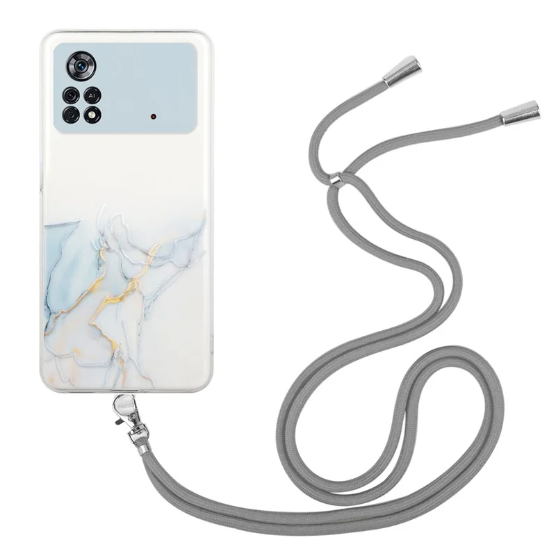 For Xiaomi Poco M4 Pro 4G Marble Pattern TPU Anti-drop Protective Phone Case with Lanyard - Grey