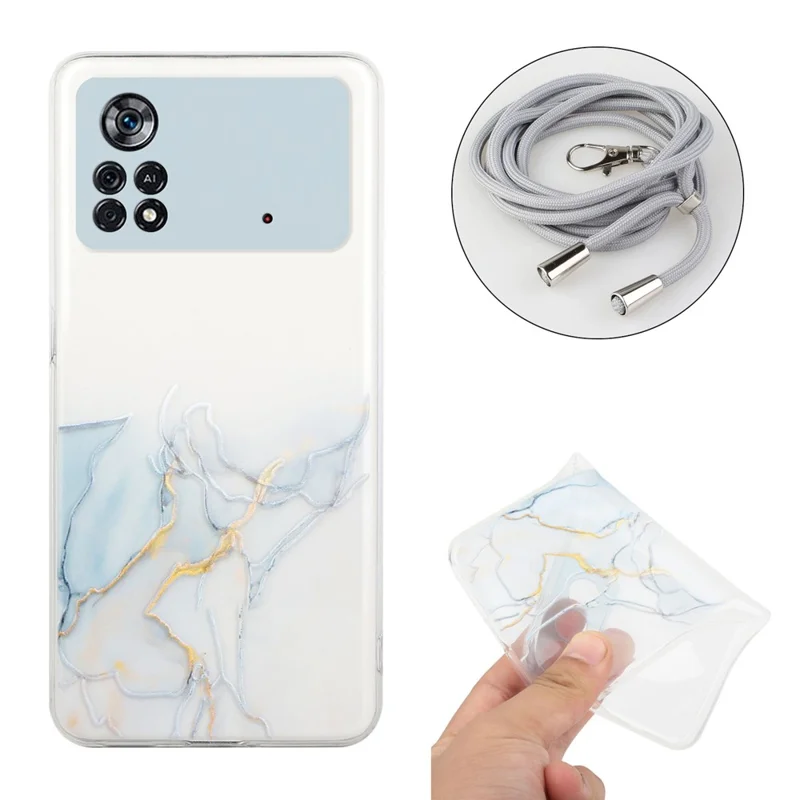 For Xiaomi Poco M4 Pro 4G Marble Pattern TPU Anti-drop Protective Phone Case with Lanyard - Grey