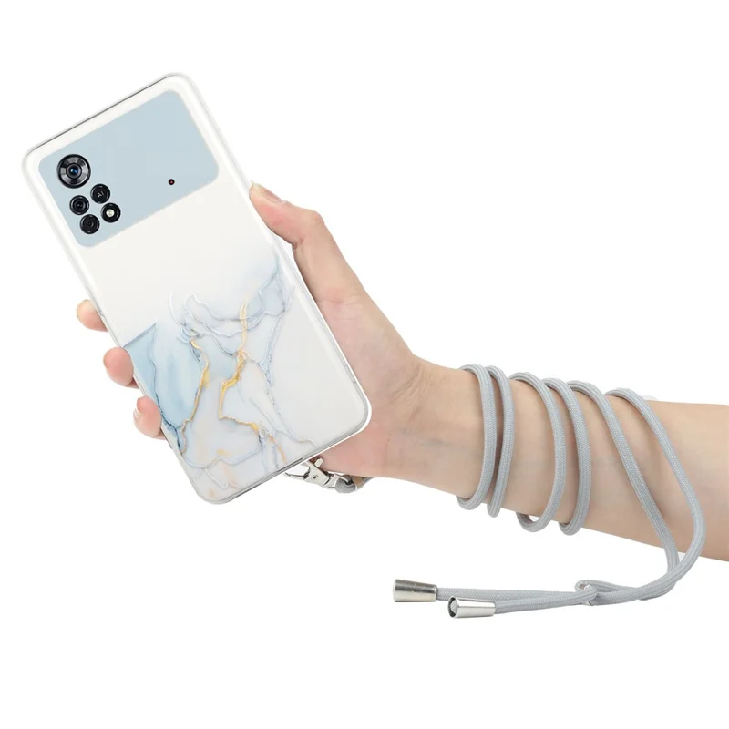 For Xiaomi Poco M4 Pro 4G Marble Pattern TPU Anti-drop Protective Phone Case with Lanyard - Grey