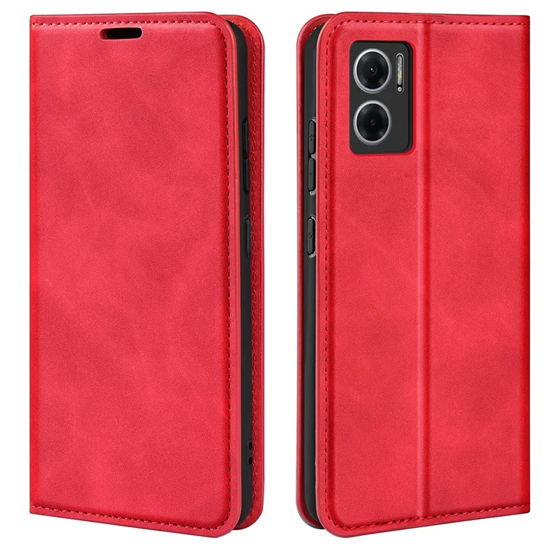 Skin-touch Folio Flip Leather Shell for Xiaomi Redmi Note 11E 5G / Redmi 10 5G / Redmi 10 Prime+ 5G, Auto-absorbed Magnetic Wallet Stand Drop-proof Mobile Phone Case - Red