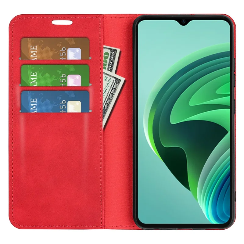 Skin-touch Folio Flip Leather Shell for Xiaomi Redmi Note 11E 5G / Redmi 10 5G / Redmi 10 Prime+ 5G, Auto-absorbed Magnetic Wallet Stand Drop-proof Mobile Phone Case - Red
