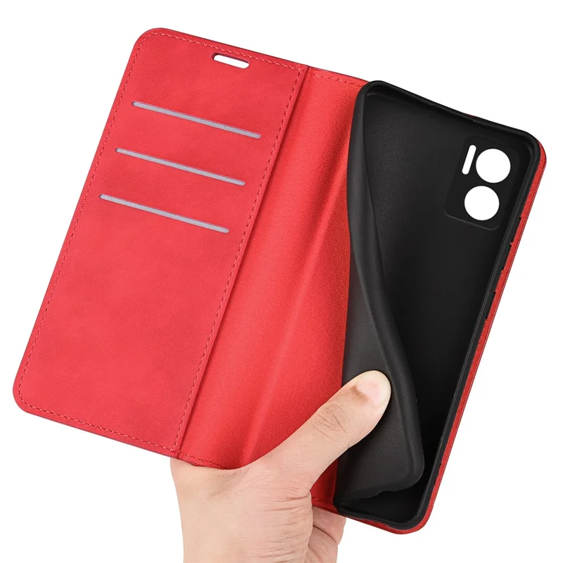 Skin-touch Folio Flip Leather Shell for Xiaomi Redmi Note 11E 5G / Redmi 10 5G / Redmi 10 Prime+ 5G, Auto-absorbed Magnetic Wallet Stand Drop-proof Mobile Phone Case - Red