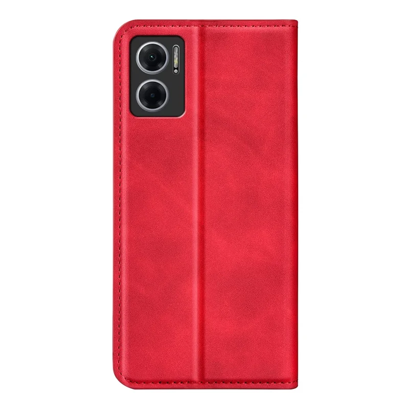Skin-touch Folio Flip Leather Shell for Xiaomi Redmi Note 11E 5G / Redmi 10 5G / Redmi 10 Prime+ 5G, Auto-absorbed Magnetic Wallet Stand Drop-proof Mobile Phone Case - Red