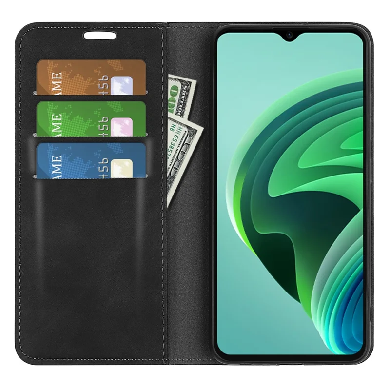 Skin-touch Folio Flip Leather Shell for Xiaomi Redmi Note 11E 5G / Redmi 10 5G / Redmi 10 Prime+ 5G, Auto-absorbed Magnetic Wallet Stand Drop-proof Mobile Phone Case - Black