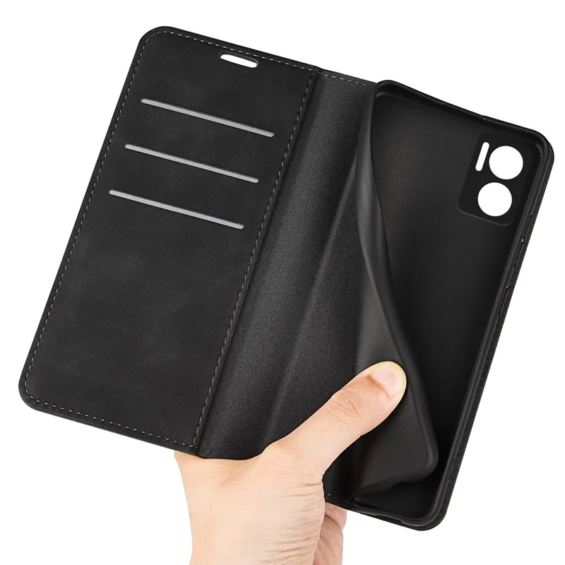 Skin-touch Folio Flip Leather Shell for Xiaomi Redmi Note 11E 5G / Redmi 10 5G / Redmi 10 Prime+ 5G, Auto-absorbed Magnetic Wallet Stand Drop-proof Mobile Phone Case - Black