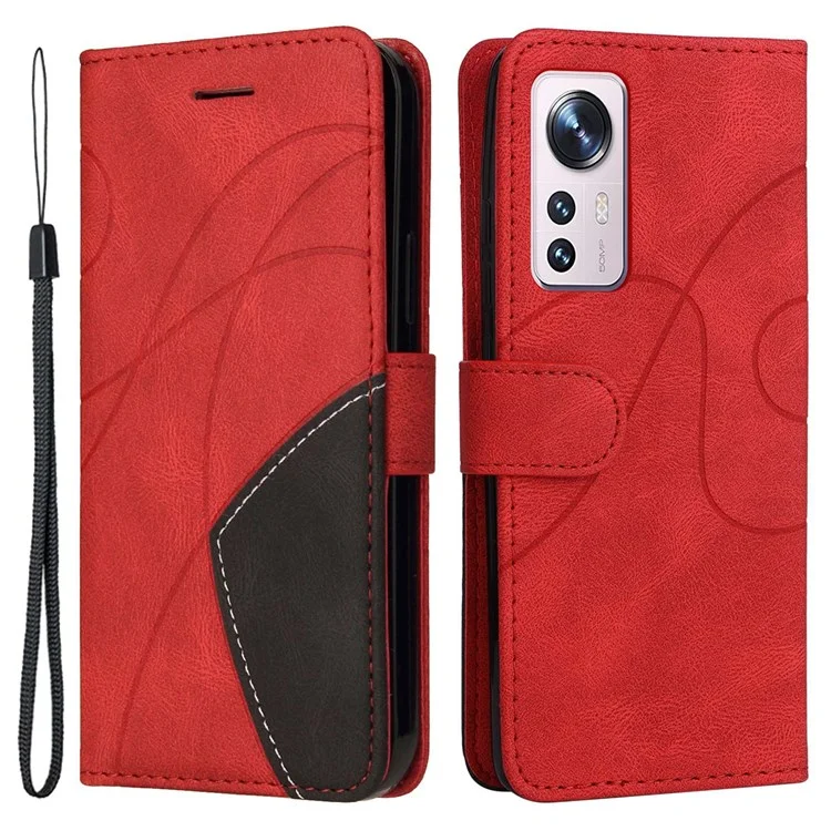 Для Xiaomi 12/12X/12S 5G KT Leather Series-1 Dual-color Splicing Case, Full Body Coverage PU Leather Wallet Stand Cover with Strap - Red