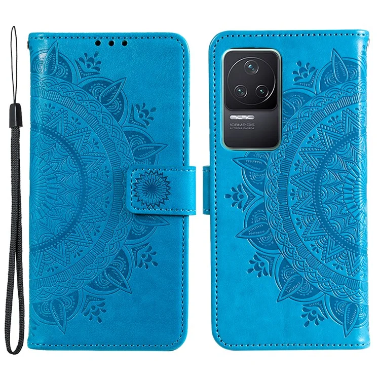 Per Xiaomi Poco F4 5G / Redmi K40S 5G Impronta Mandala Mandala Flowh Flower Case Pieding Stand Pullotto Paffere Perchio Coperchio Protezione - Blu