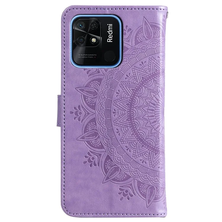 Per Xiaomi Redmi 10C Portafoglio Stand Design Impresso Mandala Fiore Prova di caduta Custodia in pelle PU Flip Cover per telefono - Viola