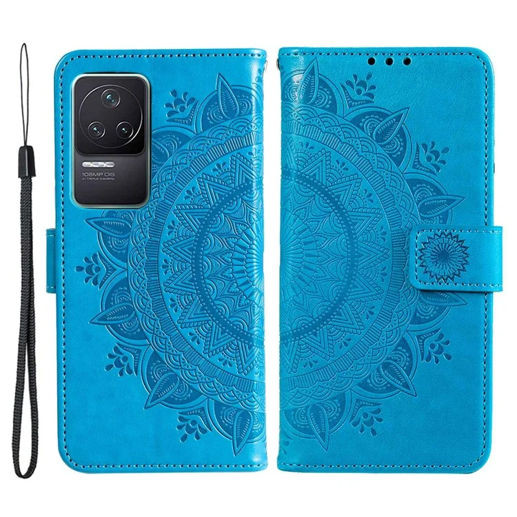 Für Xiaomi Redmi K50/K50 Pro Phone Case, Wallet Stand Design Gedruckter Mandala Flower PU Leder Telefon Flip Cover - Blau