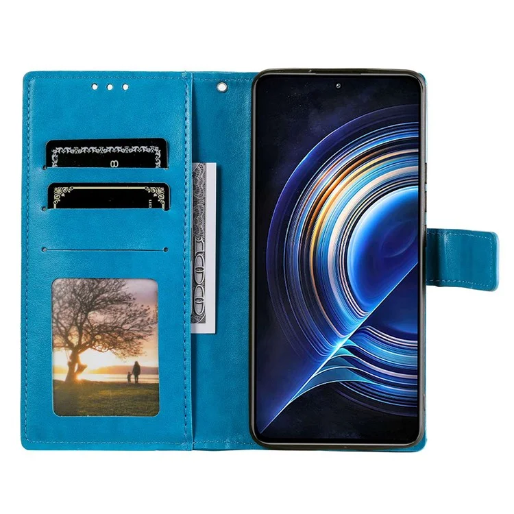 Für Xiaomi Redmi K50/K50 Pro Phone Case, Wallet Stand Design Gedruckter Mandala Flower PU Leder Telefon Flip Cover - Blau