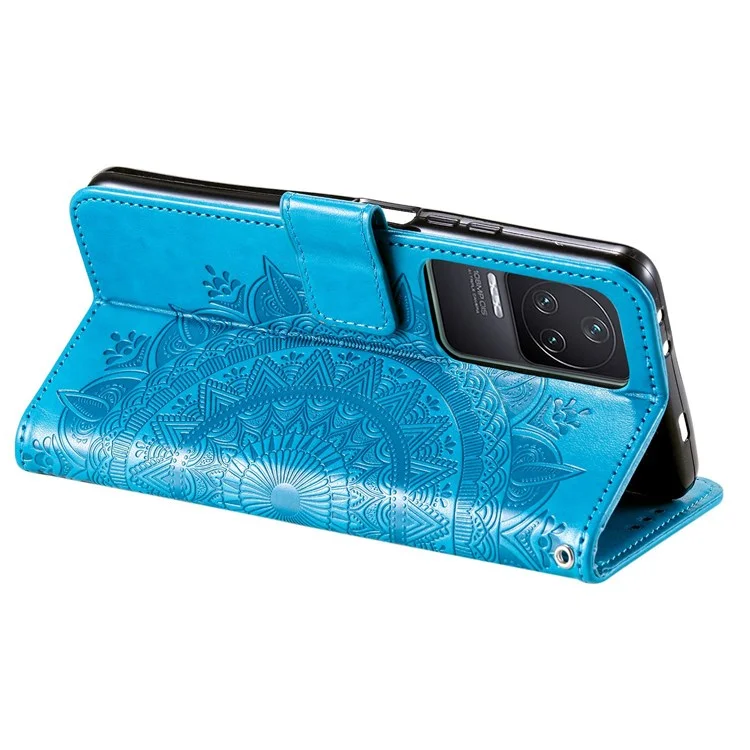 For Xiaomi Redmi K50/K50 Pro Phone Case, Wallet Stand Design Imprinted Mandala Flower PU Leather Phone Flip Cover - Blue