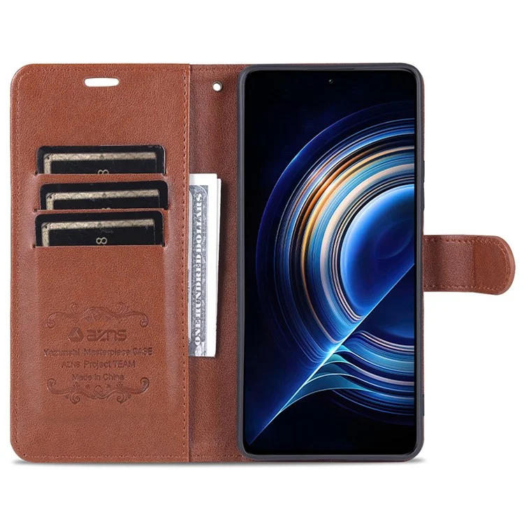 Azns Per Xiaomi Redmi K50 Pro/K50 Wallet Telefono Tesocura Testurizzata in Pelle Flip Book Cover Tpu Shock -heart - Marrone