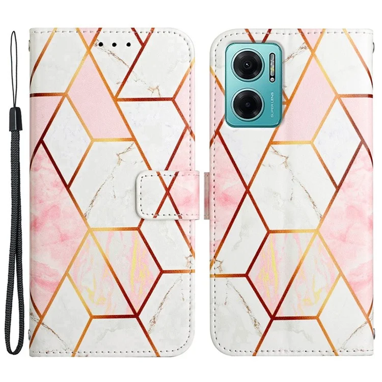 YB Pattern Printing Leather Series-5 for Xiaomi Redmi 10 Prime+ 5G / Redmi Note 11E 5G / Redmi 10 5G, Marble Pattern Leather Case 360 Degree Wrapped Stand Wallet Phone Shell - Pink White LS002