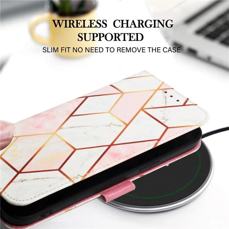YB Pattern Printing Leather Series-5 for Xiaomi Redmi 10 Prime+ 5G / Redmi Note 11E 5G / Redmi 10 5G, Marble Pattern Leather Case 360 Degree Wrapped Stand Wallet Phone Shell - Pink White LS002
