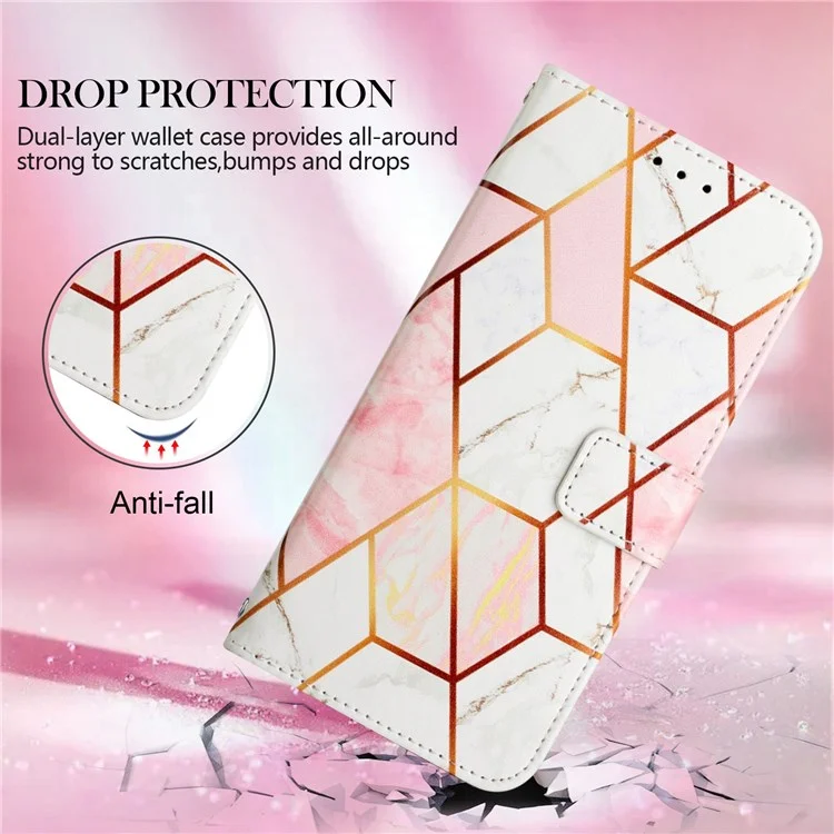 YB Pattern Printing Leather Series-5 for Xiaomi Redmi 10 Prime+ 5G / Redmi Note 11E 5G / Redmi 10 5G, Marble Pattern Leather Case 360 Degree Wrapped Stand Wallet Phone Shell - Pink White LS002
