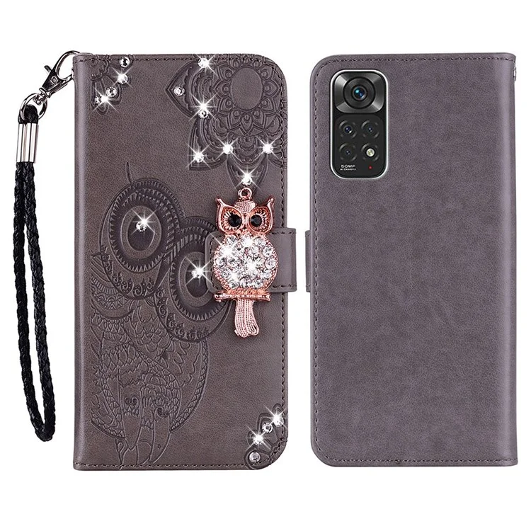Para Xiaomi Redmi Note 12 Pro 4G / 11 Pro 4G (MediaTek) / Note 11 Pro 5G (Qualcomm) Rhinestone Decor Leather Case Owl Flower Pattern Imprinted Wallet Stand Cover - Grey