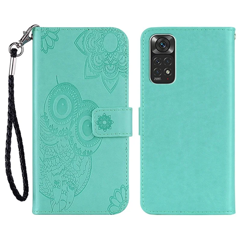 For Xiaomi Redmi Note 11S 4G/Note 11 4G (Qualcomm) Imprinted Owl Flower Pattern Protective Cover PU Leather Case with Wallet Stand - Cyan