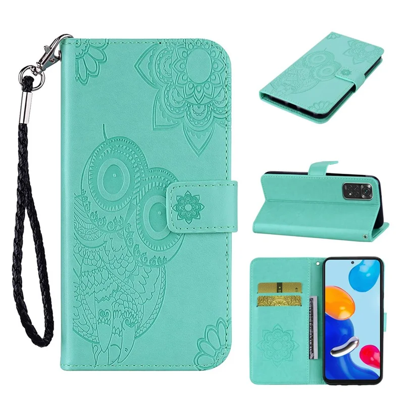 For Xiaomi Redmi Note 11S 4G/Note 11 4G (Qualcomm) Imprinted Owl Flower Pattern Protective Cover PU Leather Case with Wallet Stand - Cyan