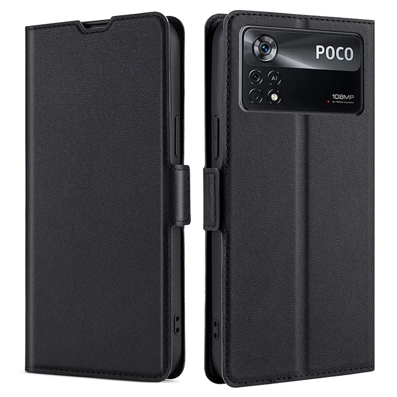 Magnetic Closure Protective Case for Xiaomi Poco X4 Pro 5G Side Ultra-thin PU Leather Drop-proof Phone Cover with Stand Card Slot - Black