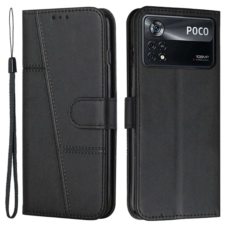 Per Xiaomi Poco X4 Pro 5G Case Del Portafoglio Cucitura PU Funzione di Supporto Per Chiusura Magnetica Maglieria Con Cinturino - Nero