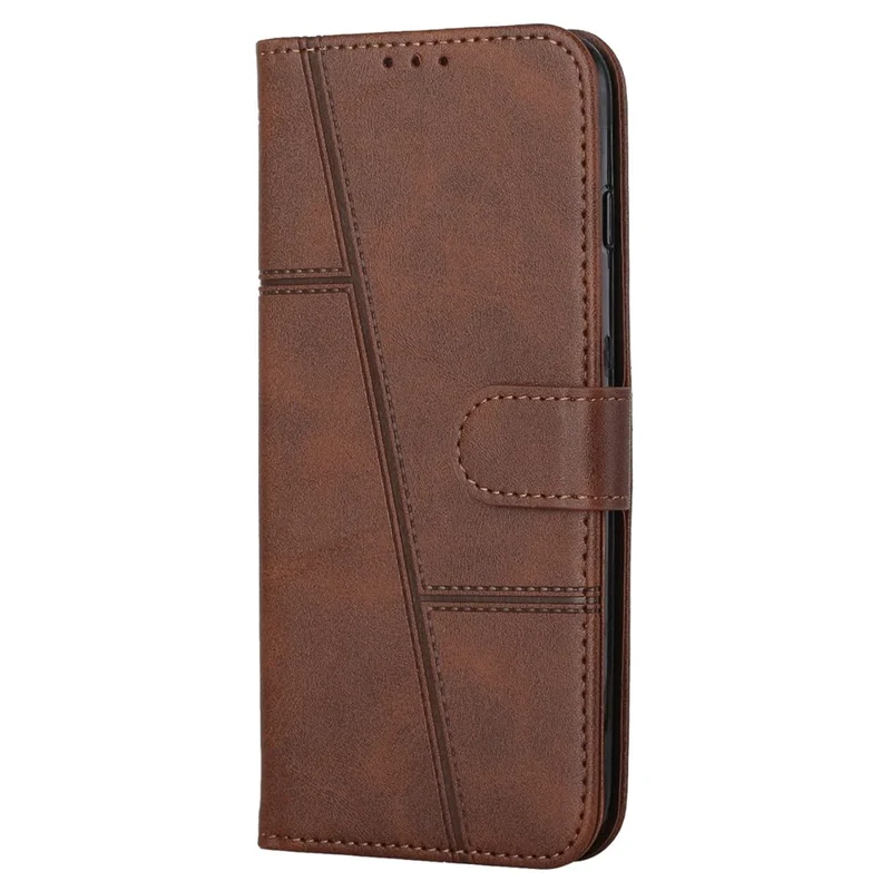 For Xiaomi Poco X4 Pro 5G Stitching Wallet Case PU Leather Magnetic Closure Stand Function Mobile Phone Cover with Strap - Brown