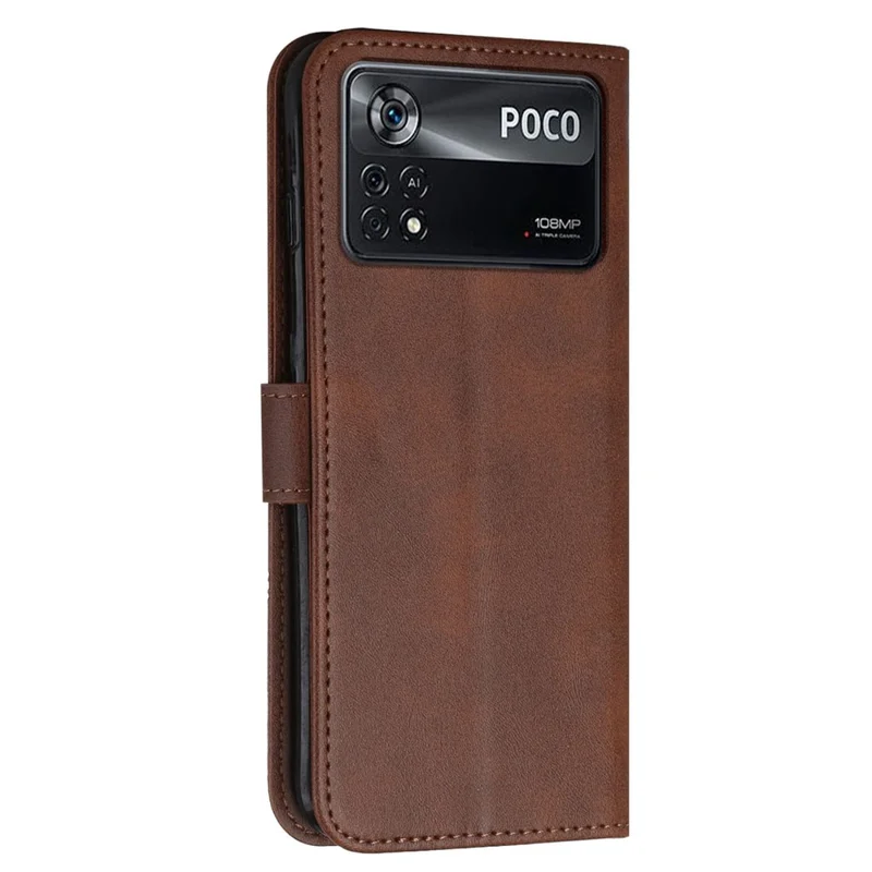 For Xiaomi Poco X4 Pro 5G Stitching Wallet Case PU Leather Magnetic Closure Stand Function Mobile Phone Cover with Strap - Brown