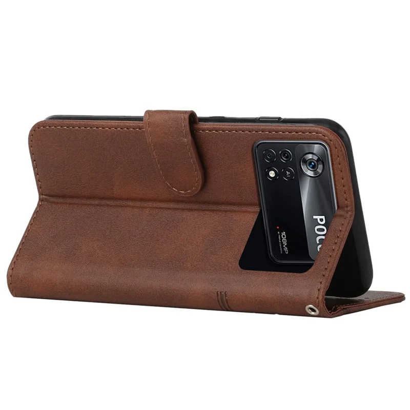 For Xiaomi Poco X4 Pro 5G Stitching Wallet Case PU Leather Magnetic Closure Stand Function Mobile Phone Cover with Strap - Brown