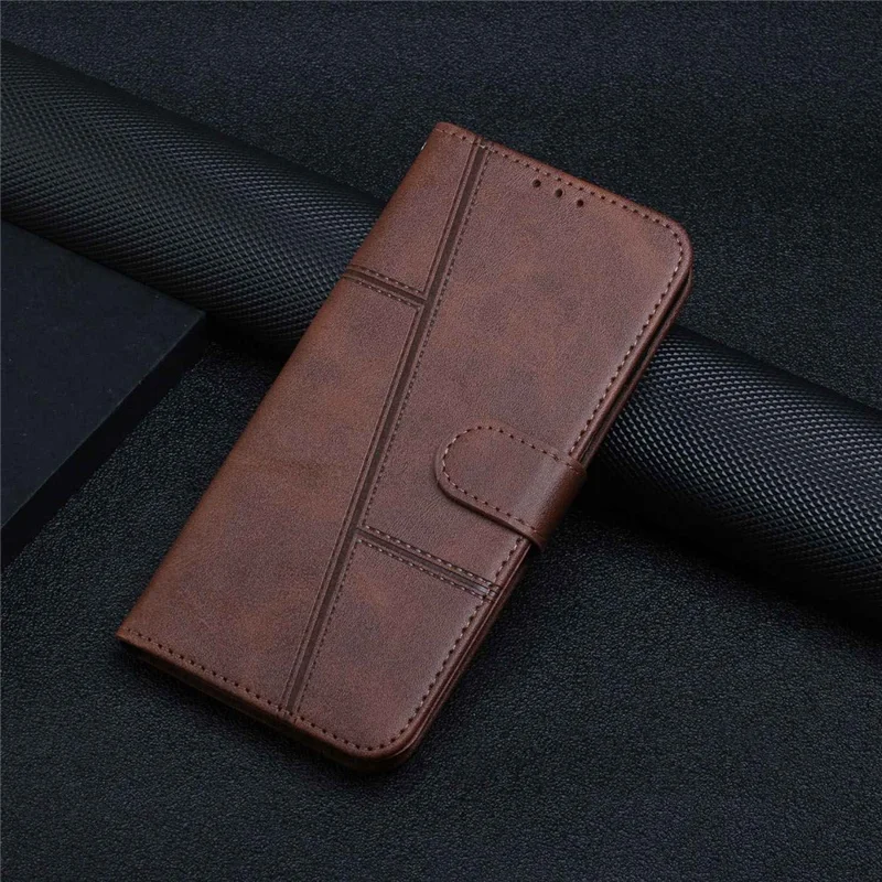 For Xiaomi Poco X4 Pro 5G Stitching Wallet Case PU Leather Magnetic Closure Stand Function Mobile Phone Cover with Strap - Brown