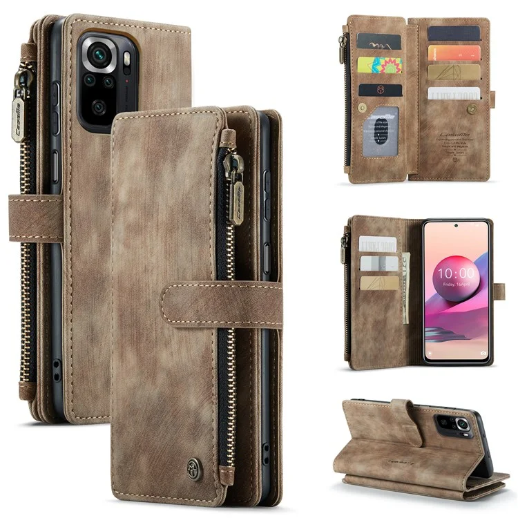 CASEME for Xiaomi Poco M5s 4G / Redmi Note 10 4G / Redmi Note 10S 4G C30 Series Zipper Pocket Wallet Cellphone Guard Cover, Stand Design PU Leather Phone Case - Brown